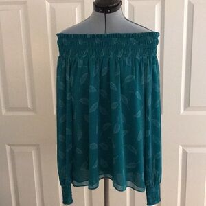 Ann Taylor Factory Off The Shoulder Elastic Fall Leaf Print Teal Green Blouse M